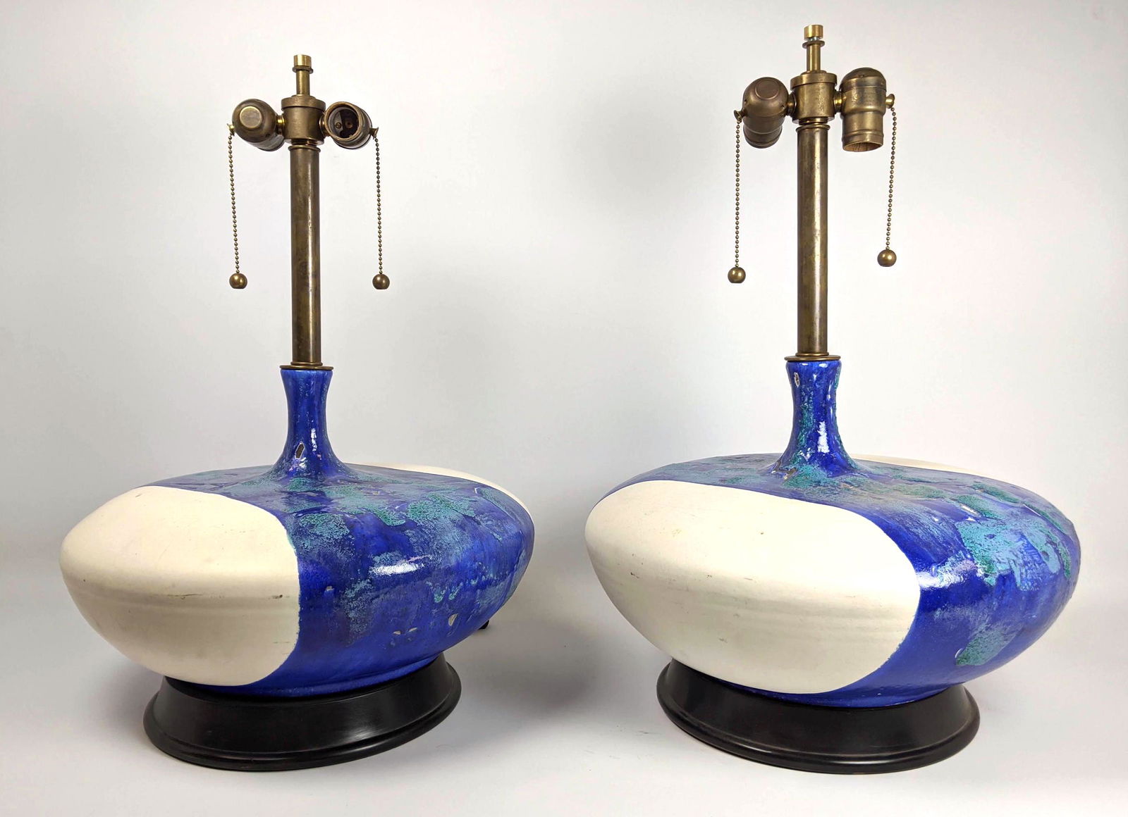 Pair Large Pottery Table Lamps. Wide bases with Blue La (1 of 17)