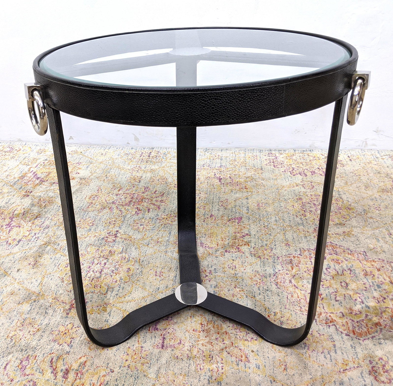 Glass Top Black Frame Side Table. Chrome Ring Drop Acc: Glass Top Black Frame Side Table. Chrome Ring Drop Accents. -- Dimensions: H: 24 inches: W: 22 inches: D: 22 inches ---
