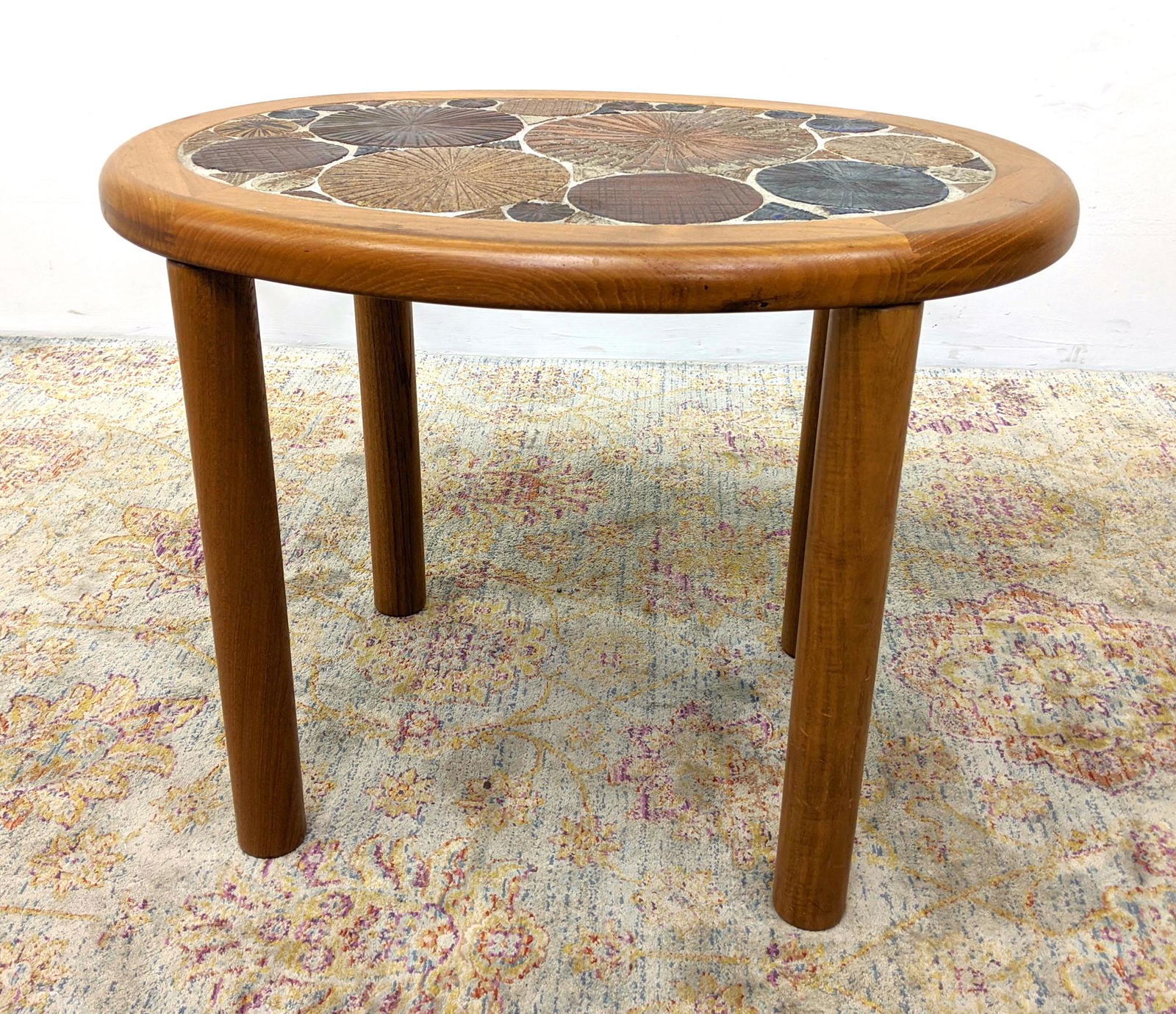 HASLEV Handmade Tile Top Side Table. Teak Danish Modern: HASLEV Handmade Tile Top Side Table. Teak Danish Modern Frame with inset pottery discs of varying colors and sizes. Metal Tag Haslev.-- Dimensions: H: 22.5 inches: W: 30 inches: D: 22 inches ---