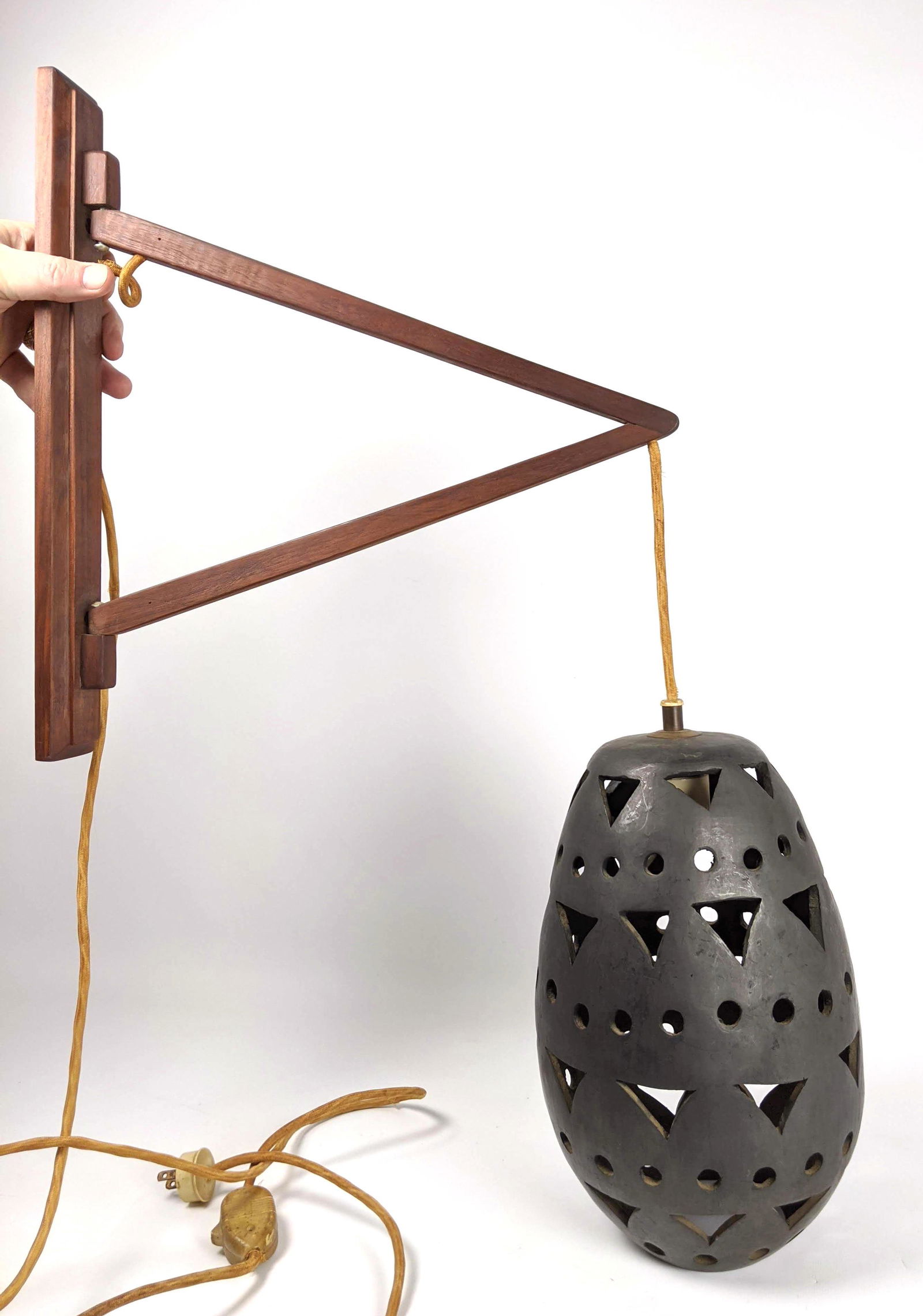 Pierced Pottery Shade Hanging Wall Sconce Light. Wood w (1 of 12)