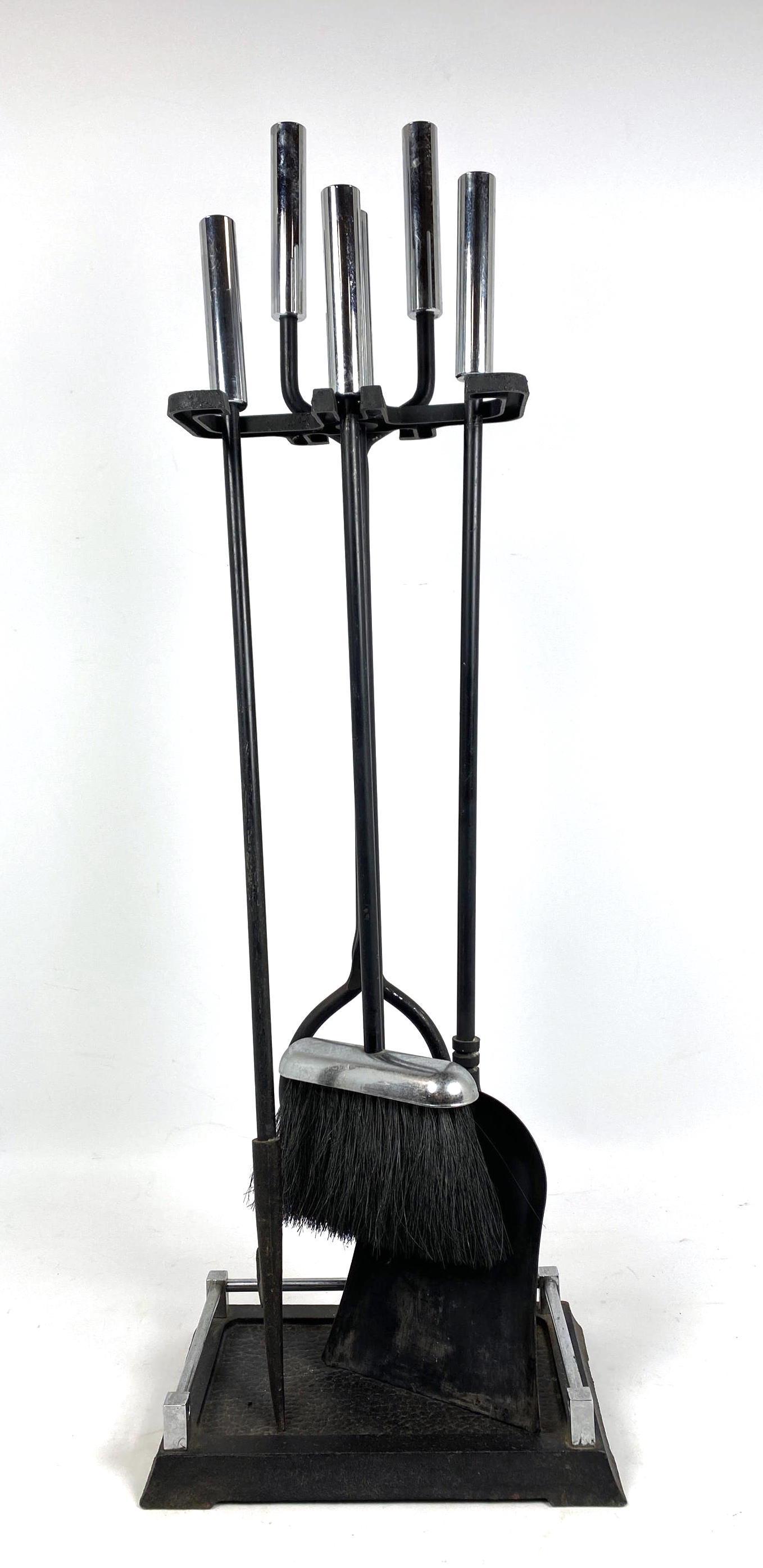 Modernist Fireplace Tools with Chrome Handles.: Modernist Fireplace Tools with Chrome Handles. -- Dimensions: H: 30 inches: W: 10 inches: D: 7 inches ---