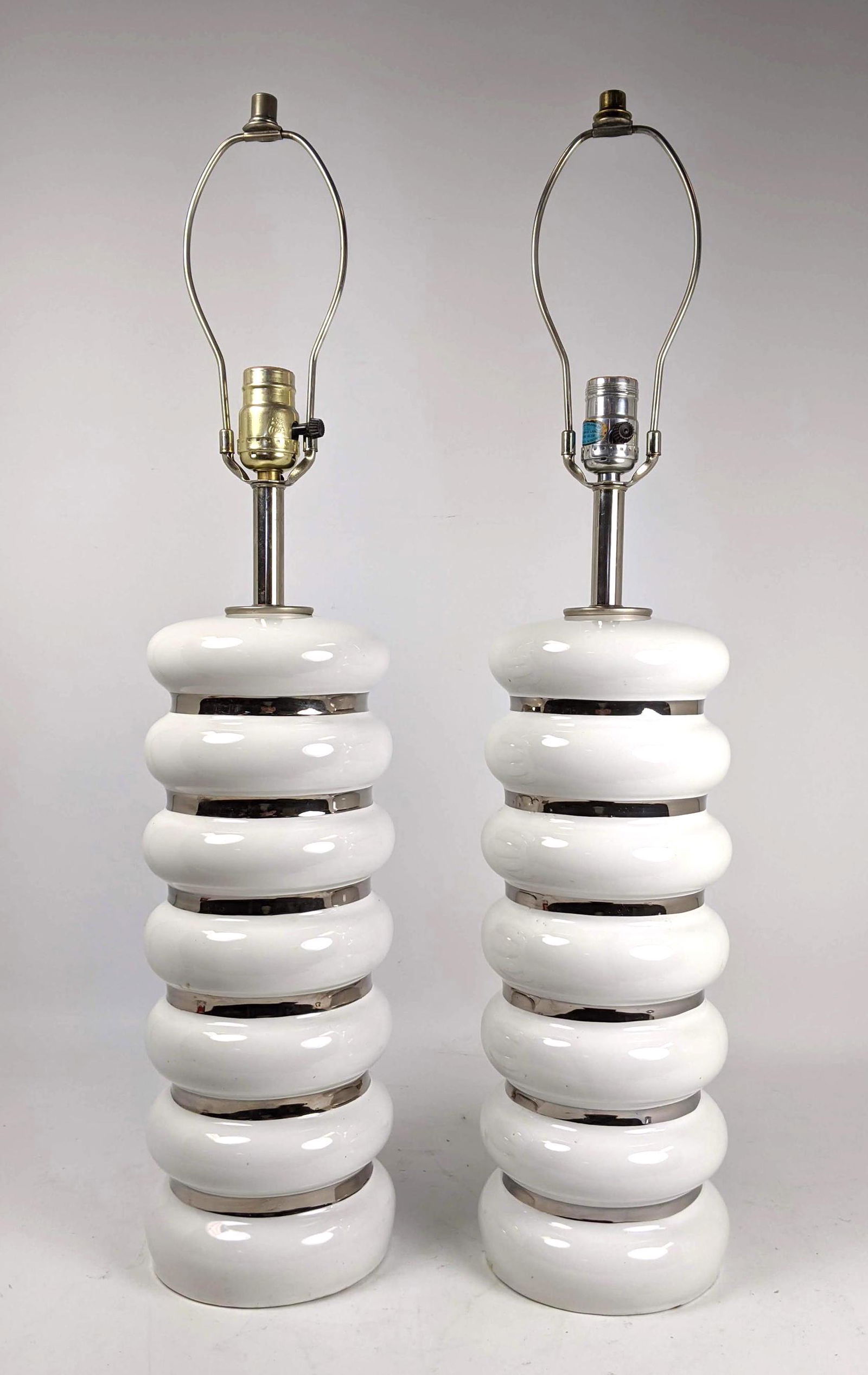 Pair White Pottery Table Lamp with Silver Painted Bands (1 of 12)