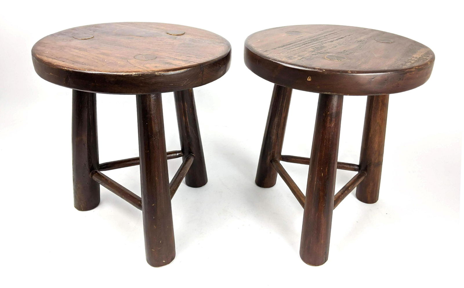 Pair Thick Pine Three Leg Stools.  Angled legs. (1 of 12)