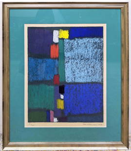 MAX ACKERMANN Modernist abstract print. Signed and numb: MAX ACKERMANN Modernist abstract print. Signed and numbered. Dated 1959. Bold color blocks-- Dimensions: Image Size: H: 19 inches: W: 14.5 inches: D: 1 inches -- FRAME SIZE: Frame Height 27.25 inches