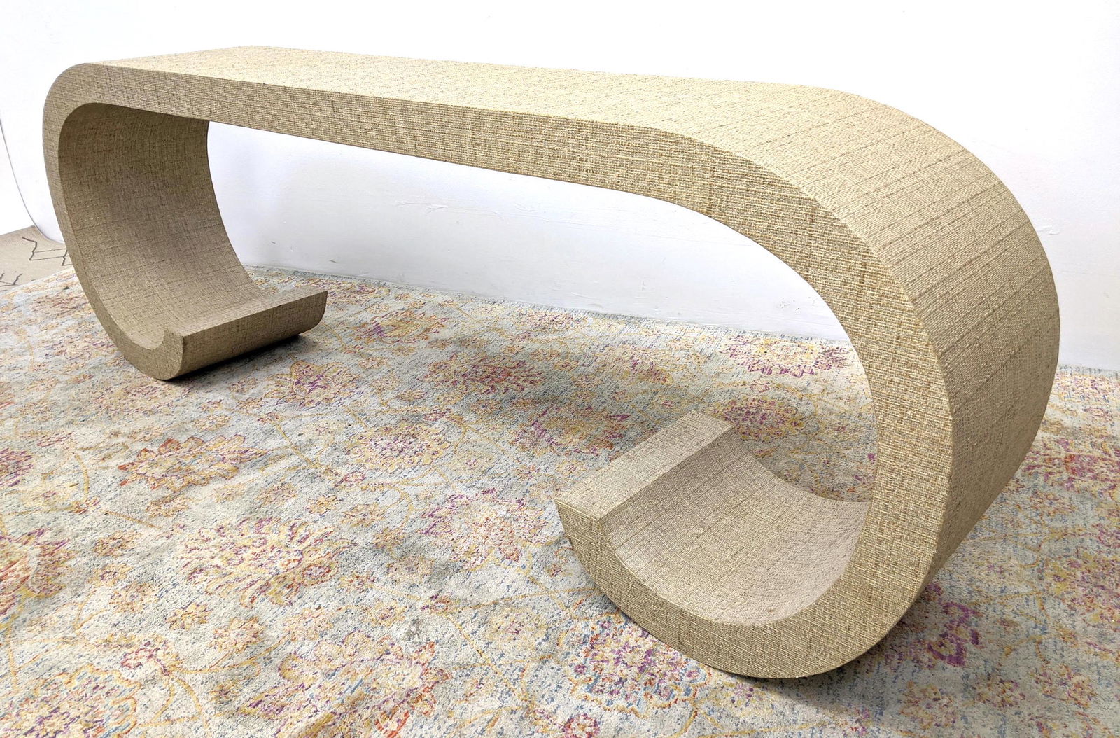 Grass Cloth Covered Console Hall Table.  Rolled ends. (1 of 12)