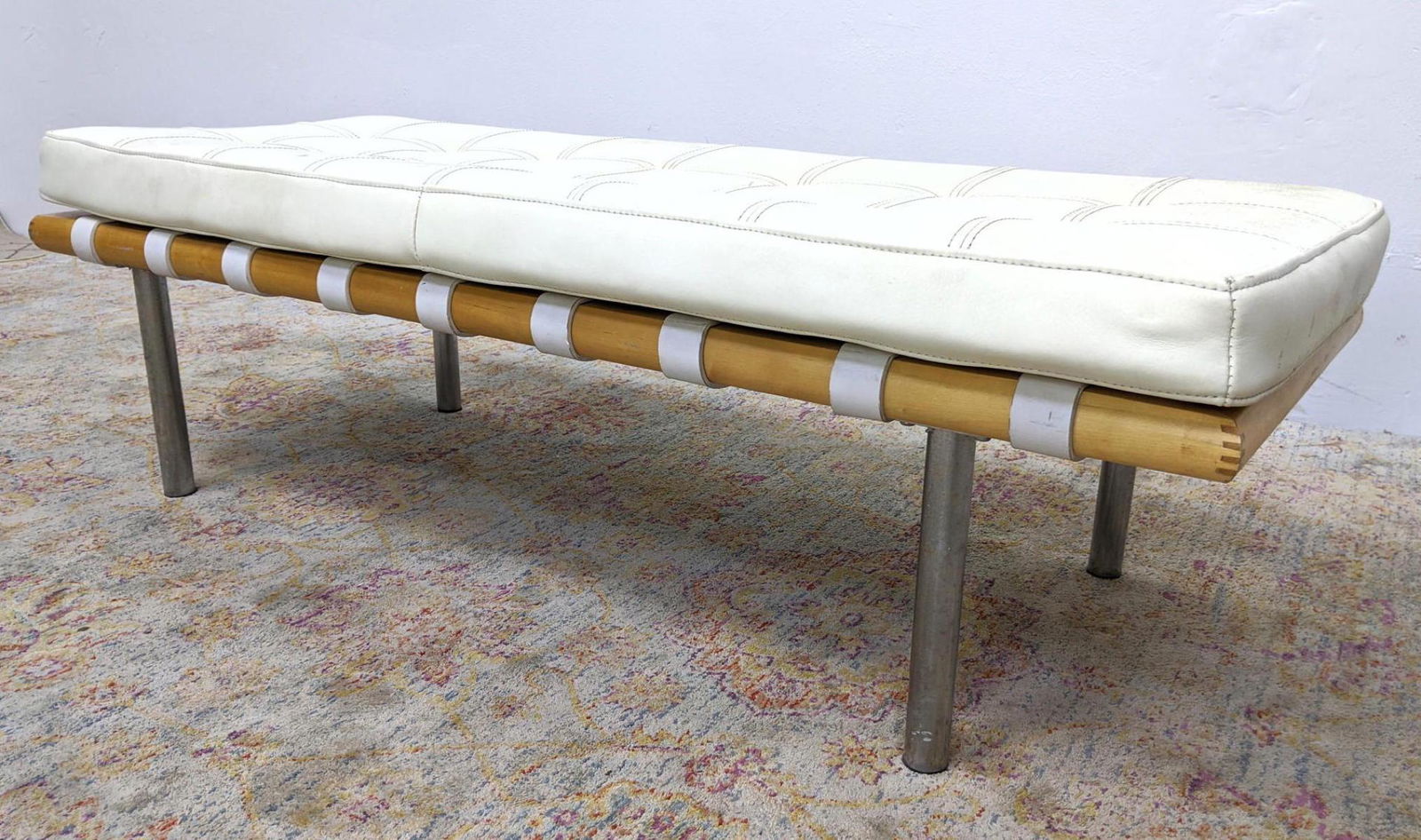 Mies Van Der Rohe Barcelona style Bench. Tufted white s (1 of 11)