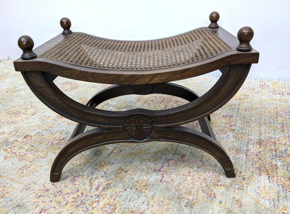Carved Wood Caned Seat bench Foot Rest. X frame with ca (1 of 11)