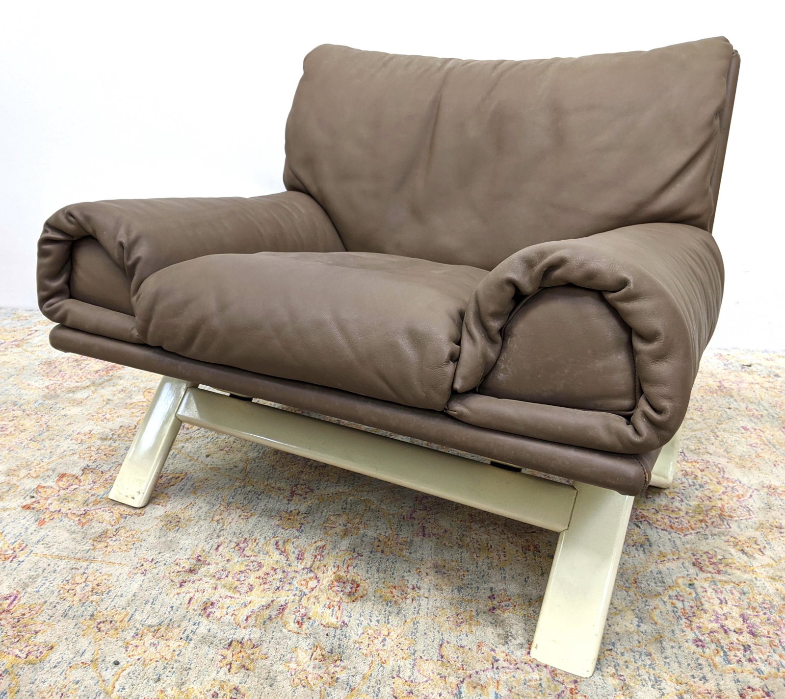 Modernist Bentwood Frame Leather Lounge Chair. Wood fra: Modernist Bentwood Frame Leather Lounge Chair. Wood frame painted white. Brown leather upholstery-- Dimensions: H: 31 inches: W: 36 inches: D: 26 inches ---