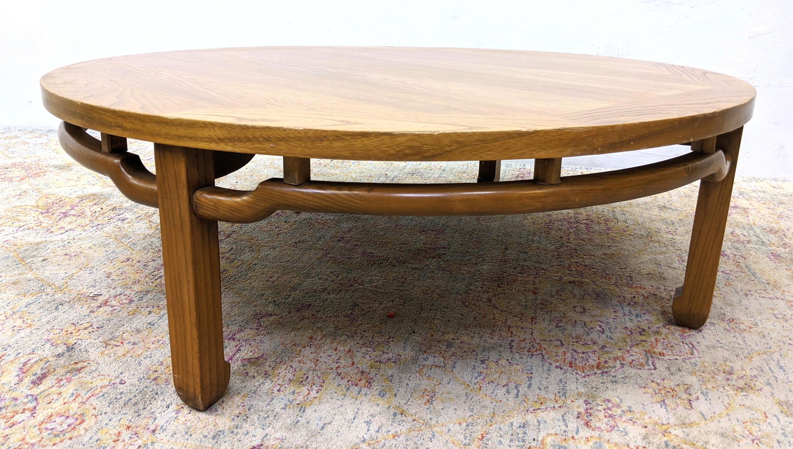 Modernist Asian Inspired Oak Round Cocktail Table. Band (1 of 12)