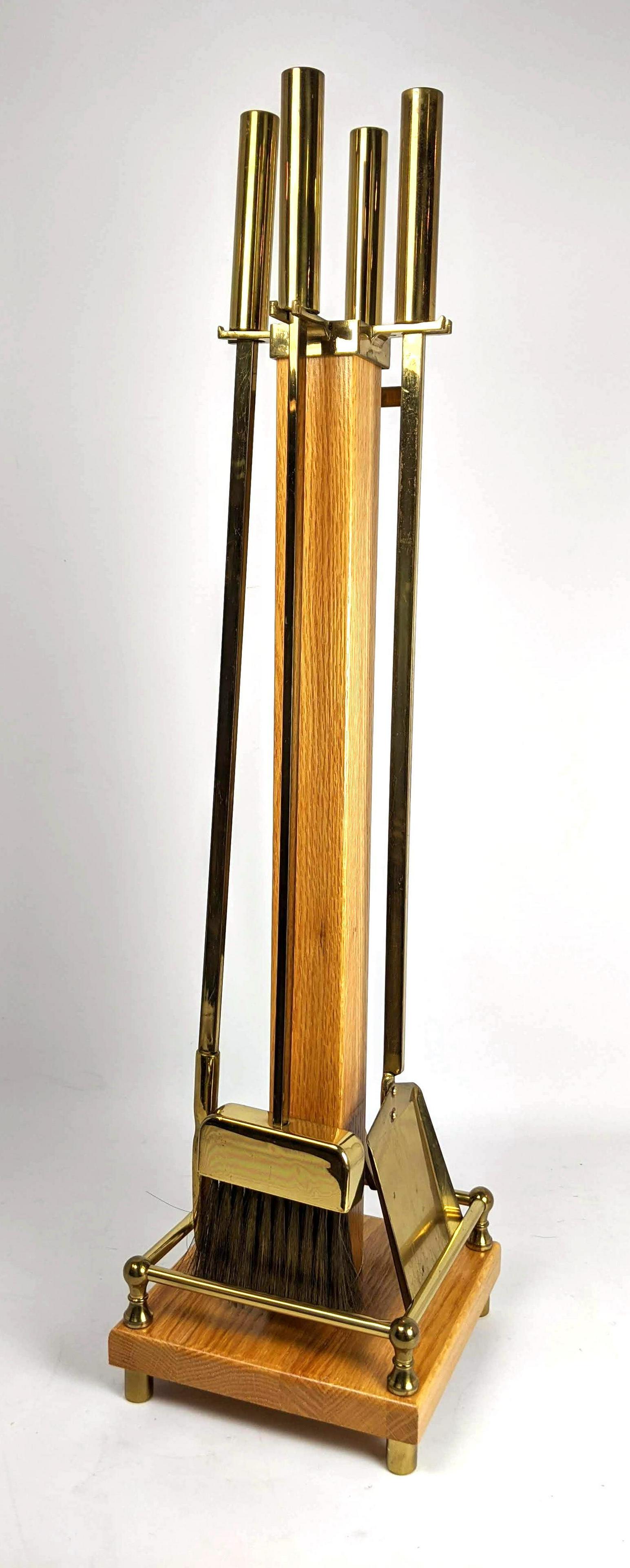 Modernist Brass Fireplace Tools Set. Oak and brass. (1 of 13)