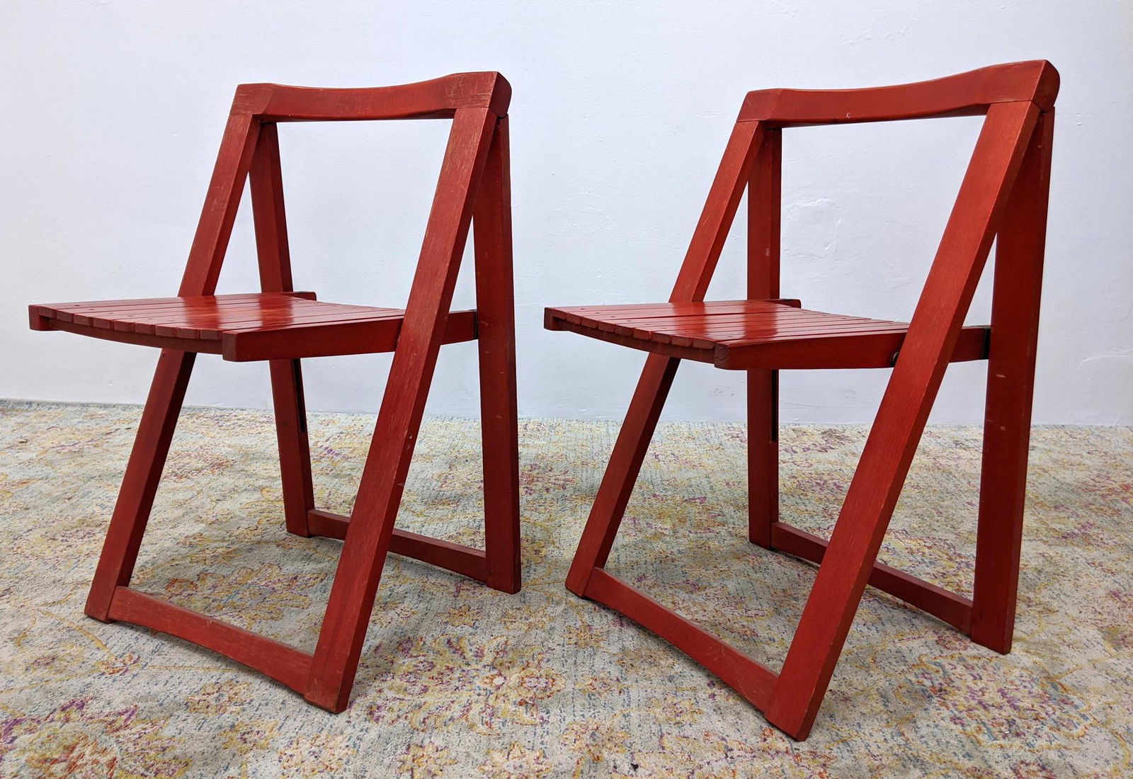 Pr Red Stained Wood Slat Folding Chairs. Marked Yugosla (1 of 14)