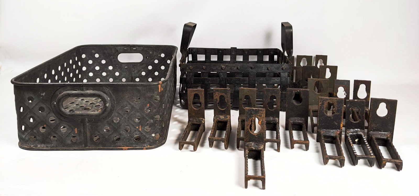 Industrial Iron Lot including 2 Baskets.: Industrial Iron Lot including 2 Baskets.-- Dimensions: H: 6 inches: W: 17.5 inches: D: 12.5 inches ---