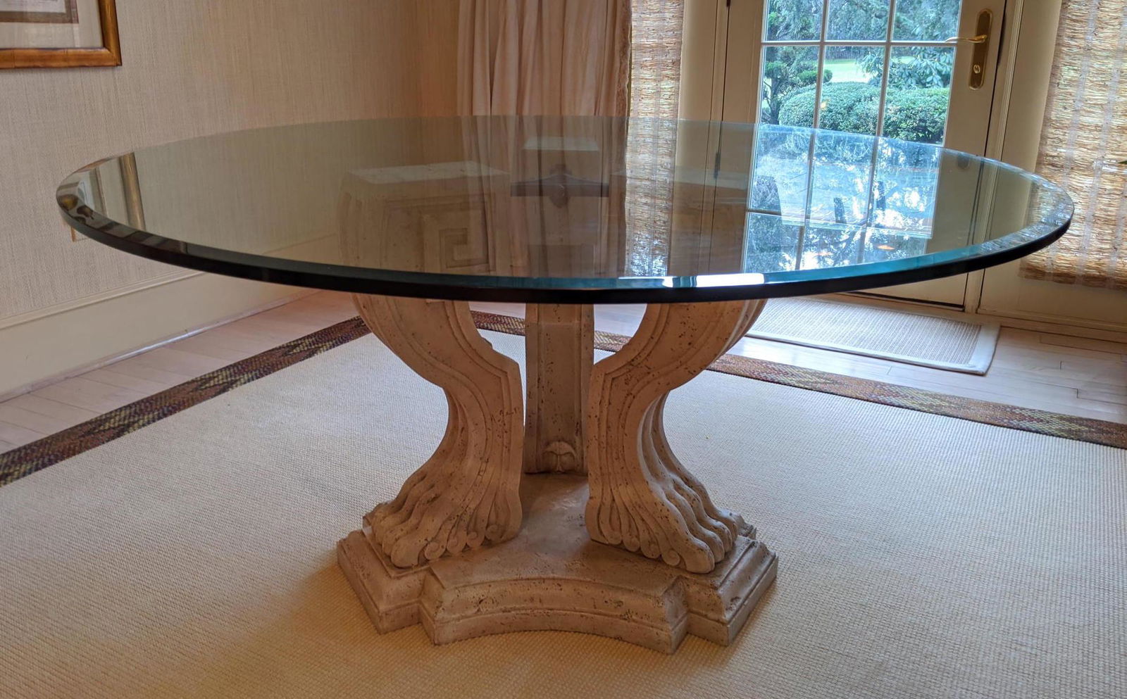 Stone base dining sale table glass top