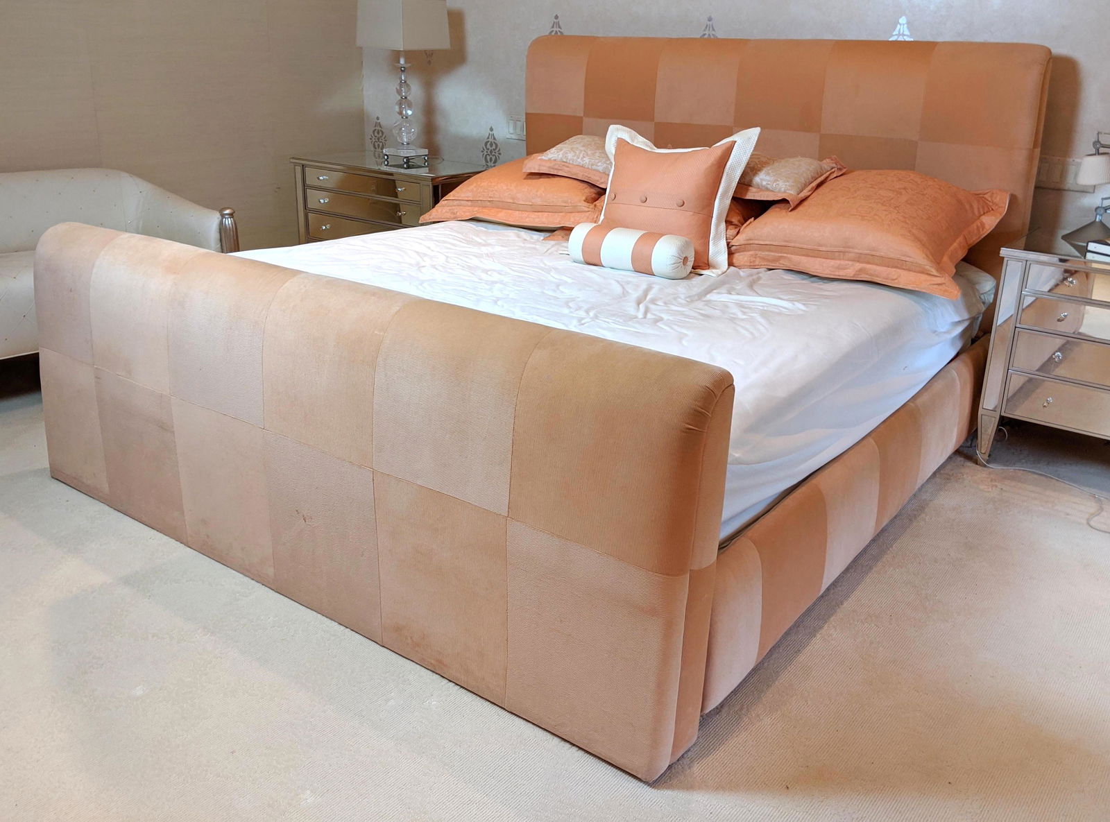 Upholstered Checkered Pink Bed Frame and Pillow Set. (1 of 15)