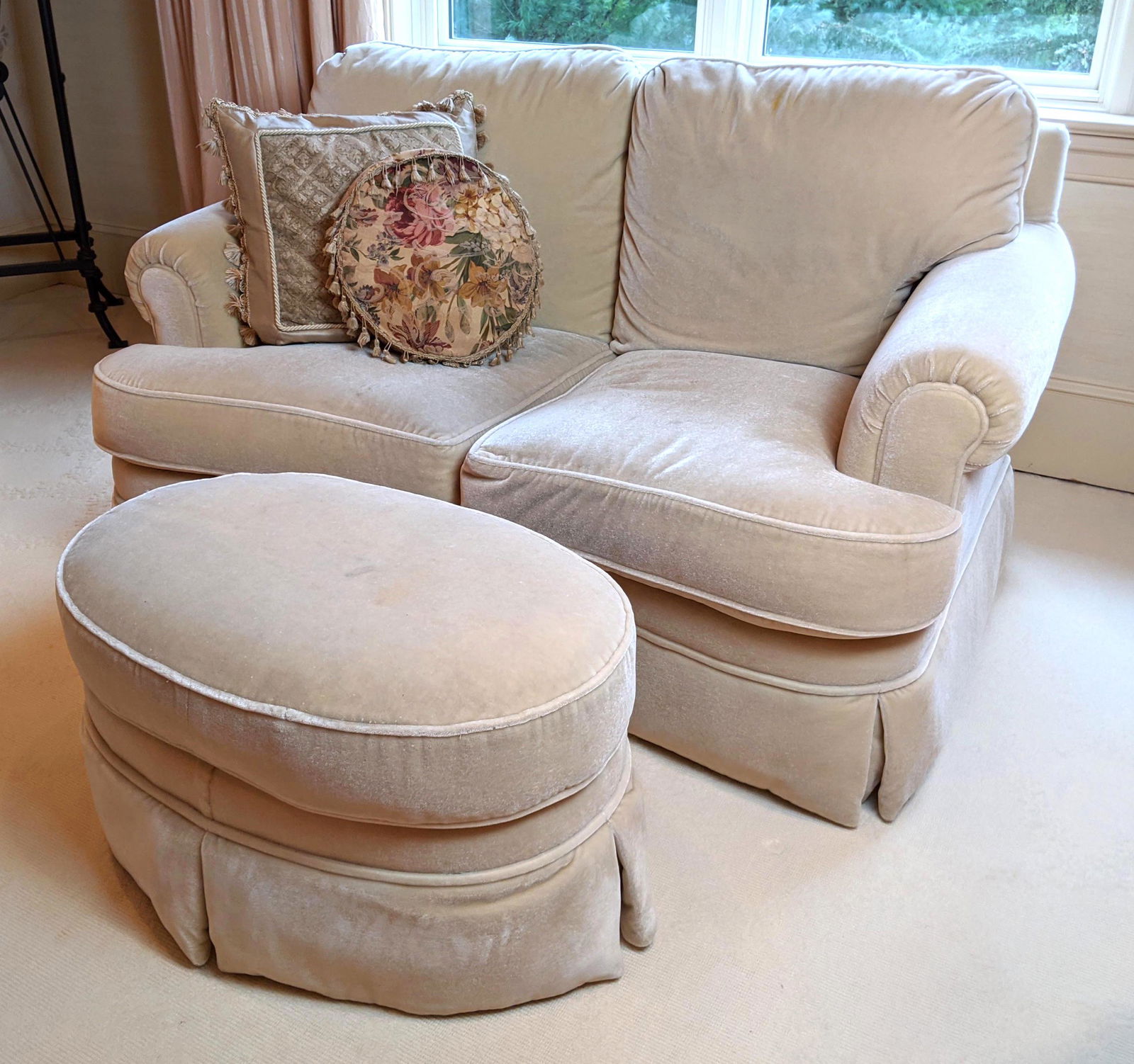 GRAFTON Beige Mohair Loveseat and Ottoman. Scroll arm s (1 of 14)