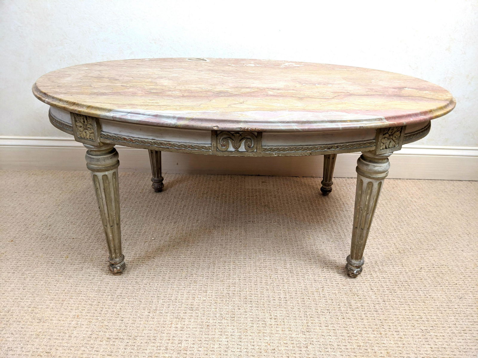 Marble Top Table. Painted French Style Wooden Base. Ova (1 of 12)