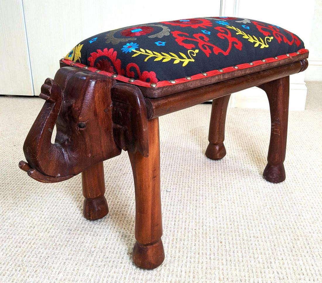 Wooden Elephant Stool Bench With Upholstered Seat.: Wooden Elephant Stool Bench With Upholstered Seat.-- Dimensions: H: 17 inches: W: 29 inches: D: 12 inches --- IMPORTANT: These items are onsite in Villanova, PA. DO NOT BID if you are unable pay by Ap
