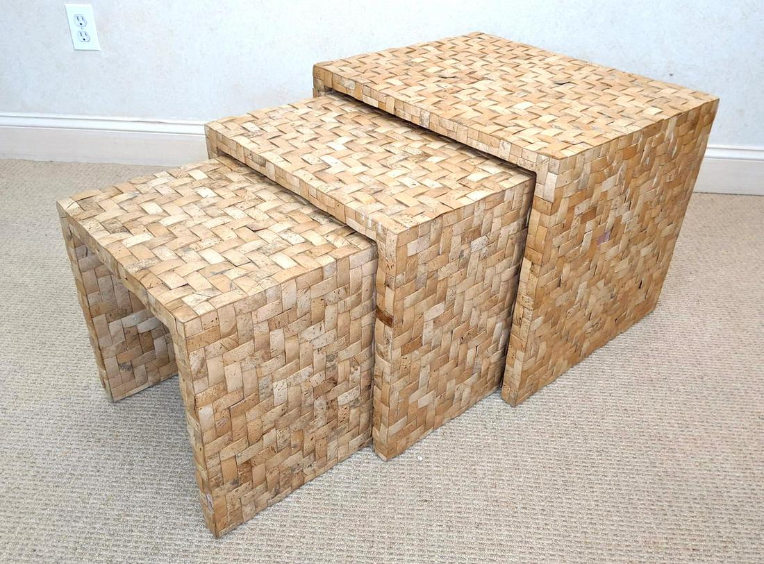 3pc Tessellated Natural Nesting Tables. Woven patternin: 3pc Tessellated Natural Nesting Tables. Woven patterning.-- Dimensions: H: 17.5 inches: W: 21.75 inches: D: 17.75 inches --- IMPORTANT: These items are onsite in Villanova, PA. DO NOT BID if you are u