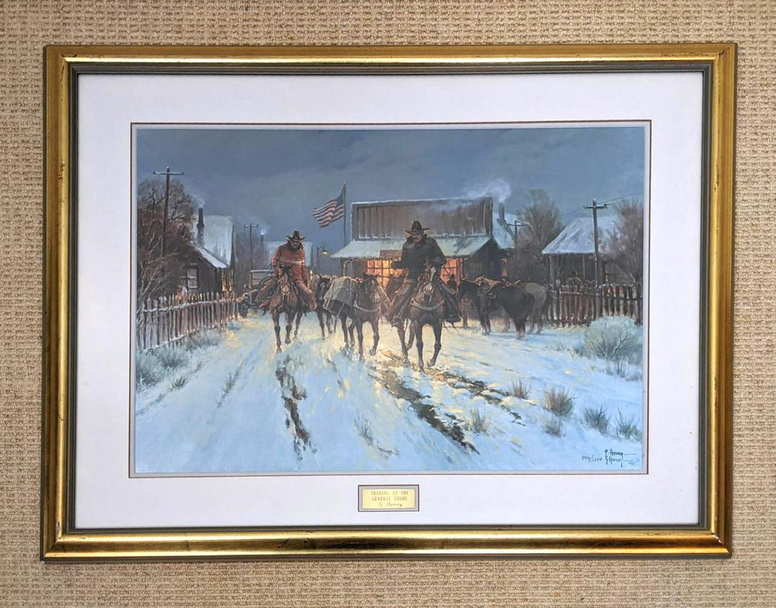 G. HARVEY "Trading at the General Store" Print. Riders: G. HARVEY "Trading at the General Store" Print. Riders on horseback in night scene. Signed and dated 1983 in lower right corner. Limited edition printing, marked 544/1250. Includes certificate of limi