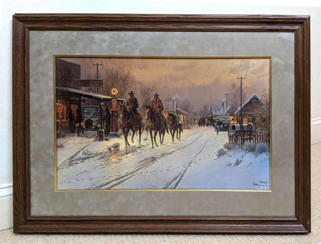 G. HARVEY Horseback Limited Edition Print. Riders in a: G. HARVEY Horseback Limited Edition Print. Riders in a snowy evening surrounding. Signed and dated 1983 in right corner. Limited edition printing, marked 14/150 AP. GERALD HARVEY JONES. -- Dimensions: