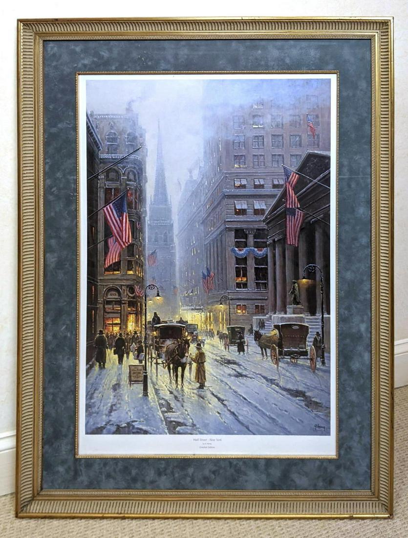G. HARVEY "Wall Street New York" Horse and buggy with a: G. HARVEY "Wall Street New York" Horse and buggy with a winter backdrop of Wall Street. Signed and dated 1989 in right corner. Limited edition printing, marked 1203/1490 AP. Includes certificate of au