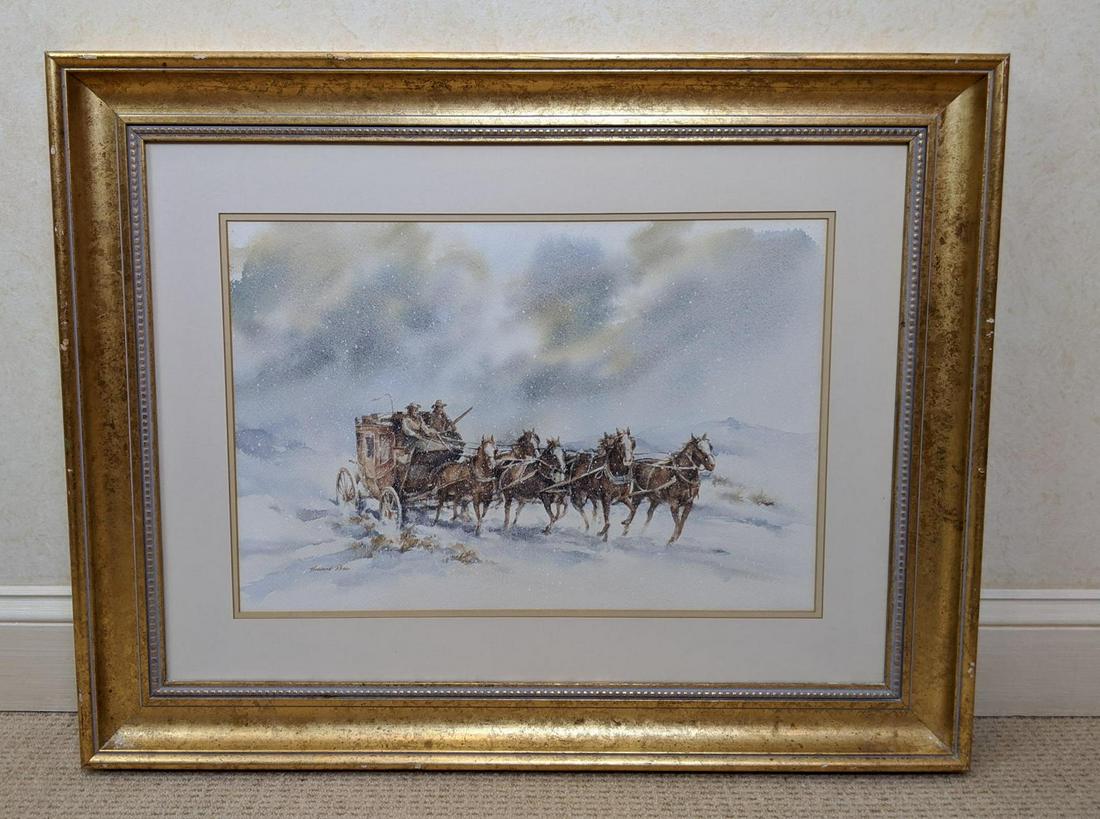 HOWARD ROSS Horse Drawn Carriage Watercolor Painting. C: HOWARD ROSS Horse Drawn Carriage Watercolor Painting. Carriage and horses moving through falling snow. Watercolor on paper. Signed on lower left.-- Dimensions: Image Size: H: 14.5 inches: W: 21.25 inc