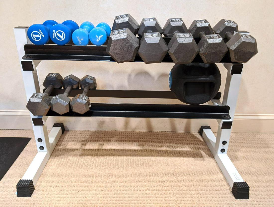 Dumbbell Rack with Assorted Sets. 5 pairs of gray-tone (1 of 11)
