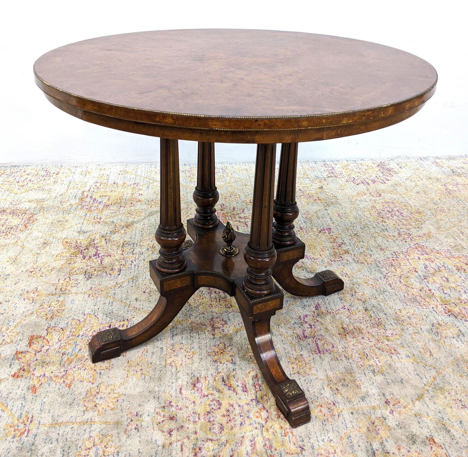 Elegant Burl Wood Round Side Table. Brass Bead Trim. Ba (1 of 12)