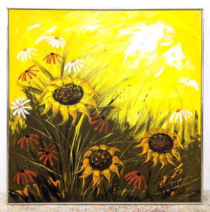 Large LEE REYNOLDS Oil Painting on Canvas. Modernist f: Large LEE REYNOLDS Oil Painting on Canvas. Modernist floral design. -- Dimensions: H: 41 inches: W: 41 inches: D: 1.5 inches ---