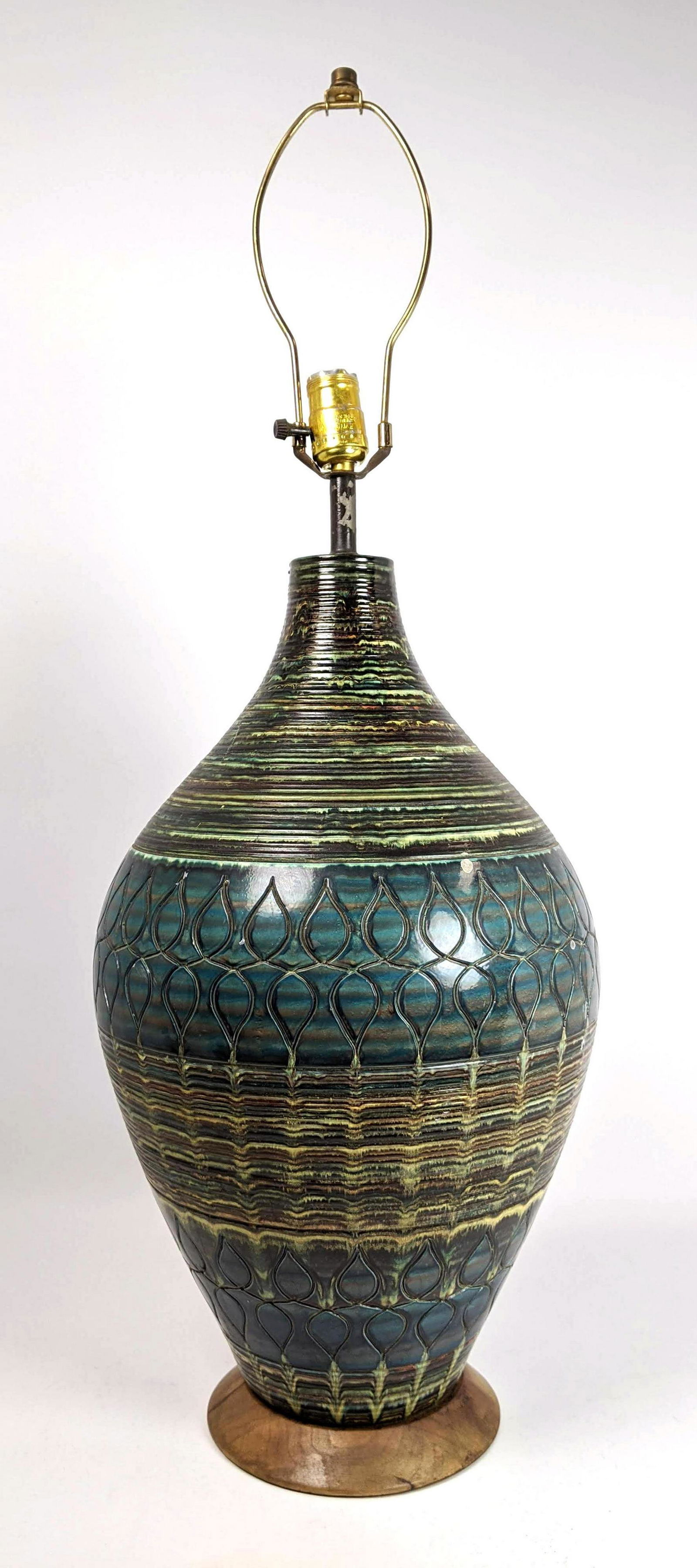Large Glazed Modernist Table Lamp. Incised decoration. (1 of 13)