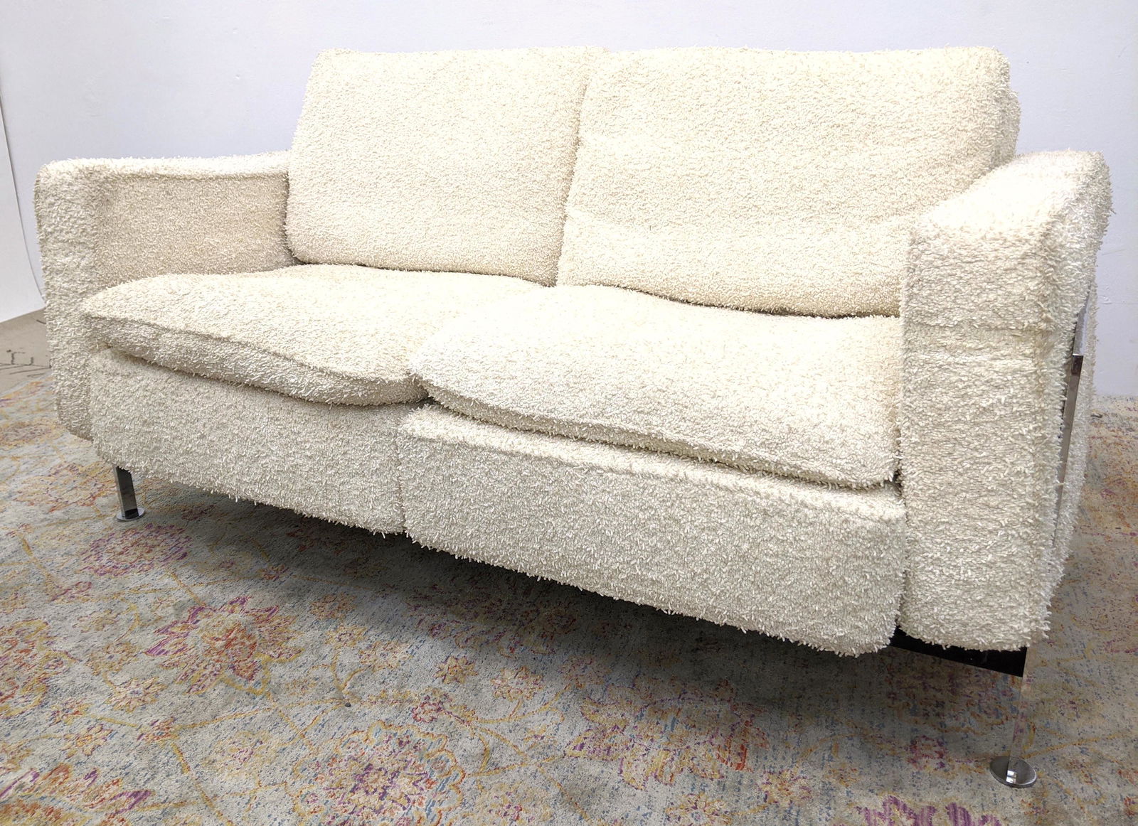 Robert Haussmann for STENDIG Chrome Frame Love Seat.: STENDIG Chrome Frame Love Seat. Nubby Textured Cream Fabric Upholstery. Nice back detail to frame. Label. Kjearholm style frame. -- Dimensions: H: 29.5 inches: W: 60.5 inches: D: 30.5 inches ---