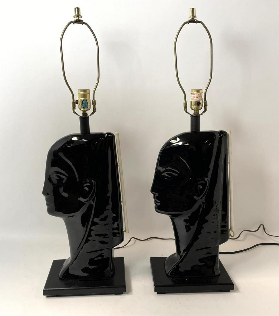 Pr Black Glazed Figural Head Table Lamps. Art Deco Bust (1 of 12)