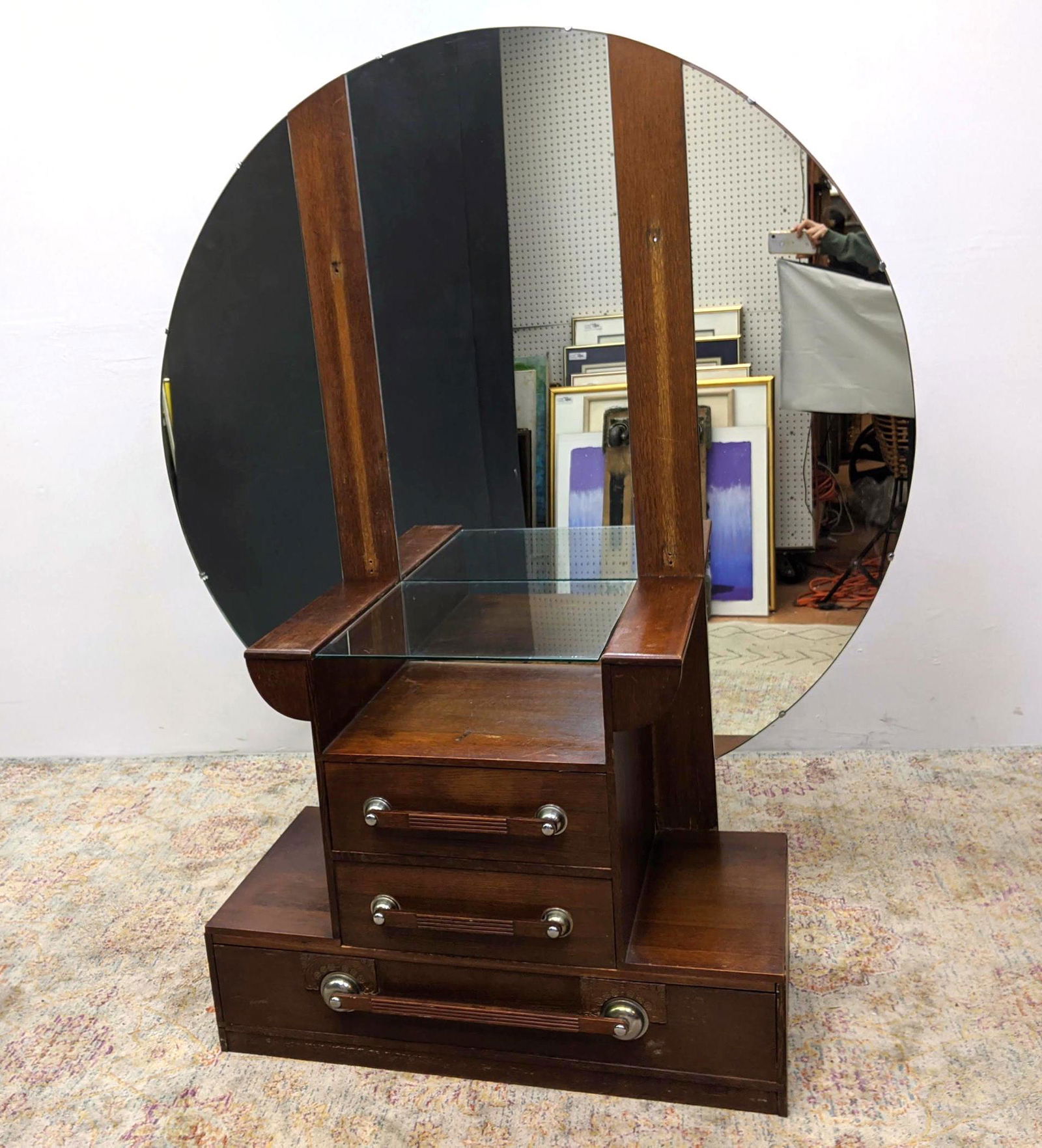 Art Deco Walnut Vanity. Large Round Mirror above three (1 of 12)