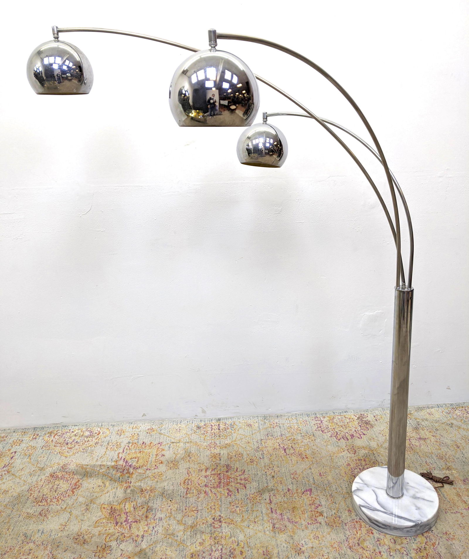 70's Modern Arched Chrome Arm Floor Lamp. Marble Round (1 of 10)