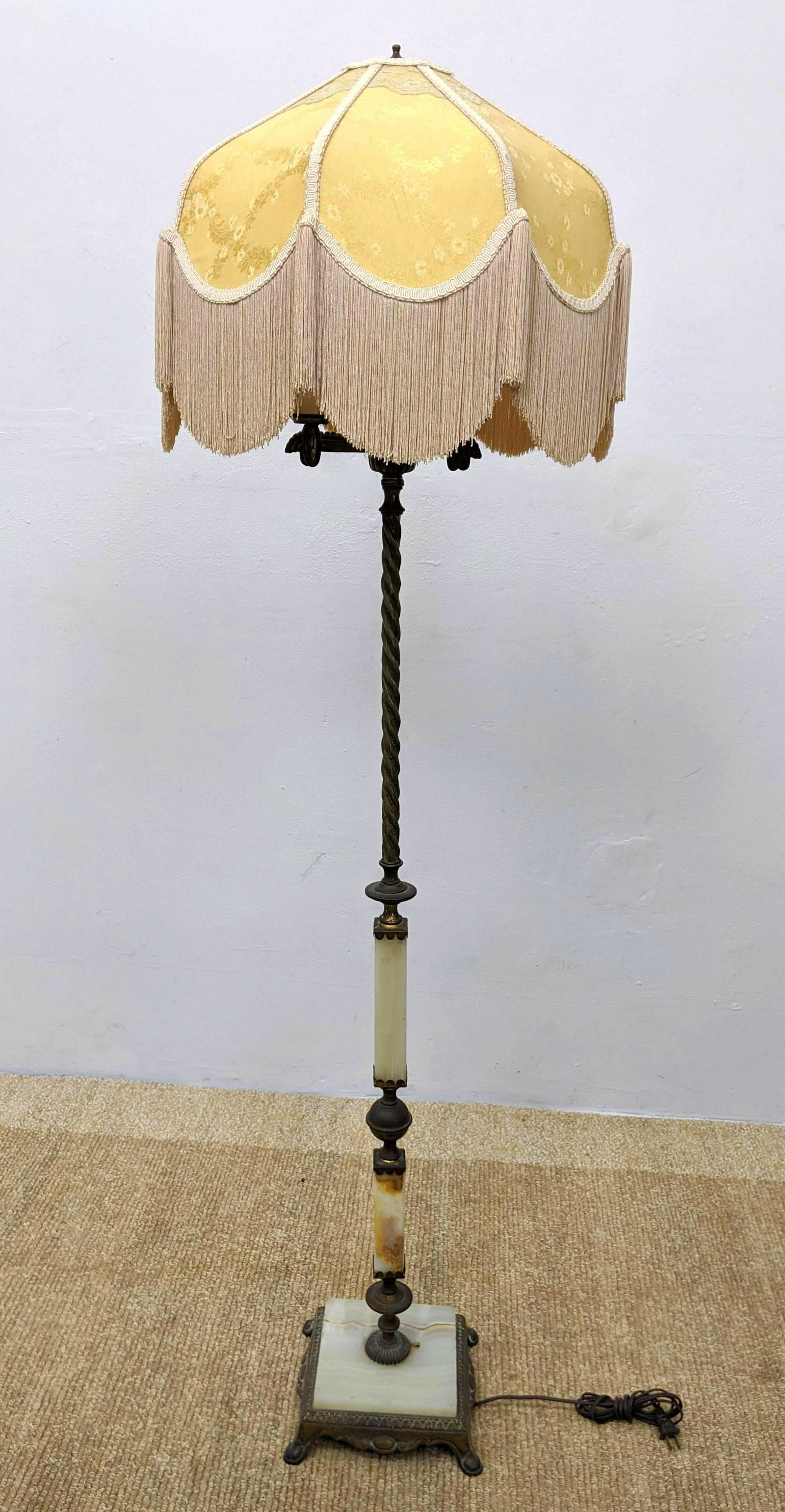 Vintage Onyx Stone Floor Lamp. Fringed fabric shade. (1 of 10)