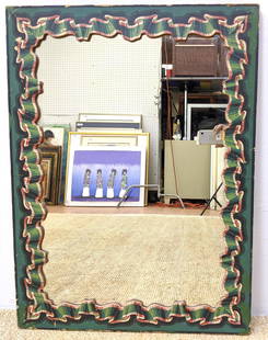 Folk Art Painted Wood Mirror. Trompe L'Oeil Ribbon Trim: Folk Art Painted Wood Mirror. Trompe L'Oeil Ribbon Trim. Painted green and pink ribbon.-- Dimensions: H: 32 inches: W: 24 inches ---