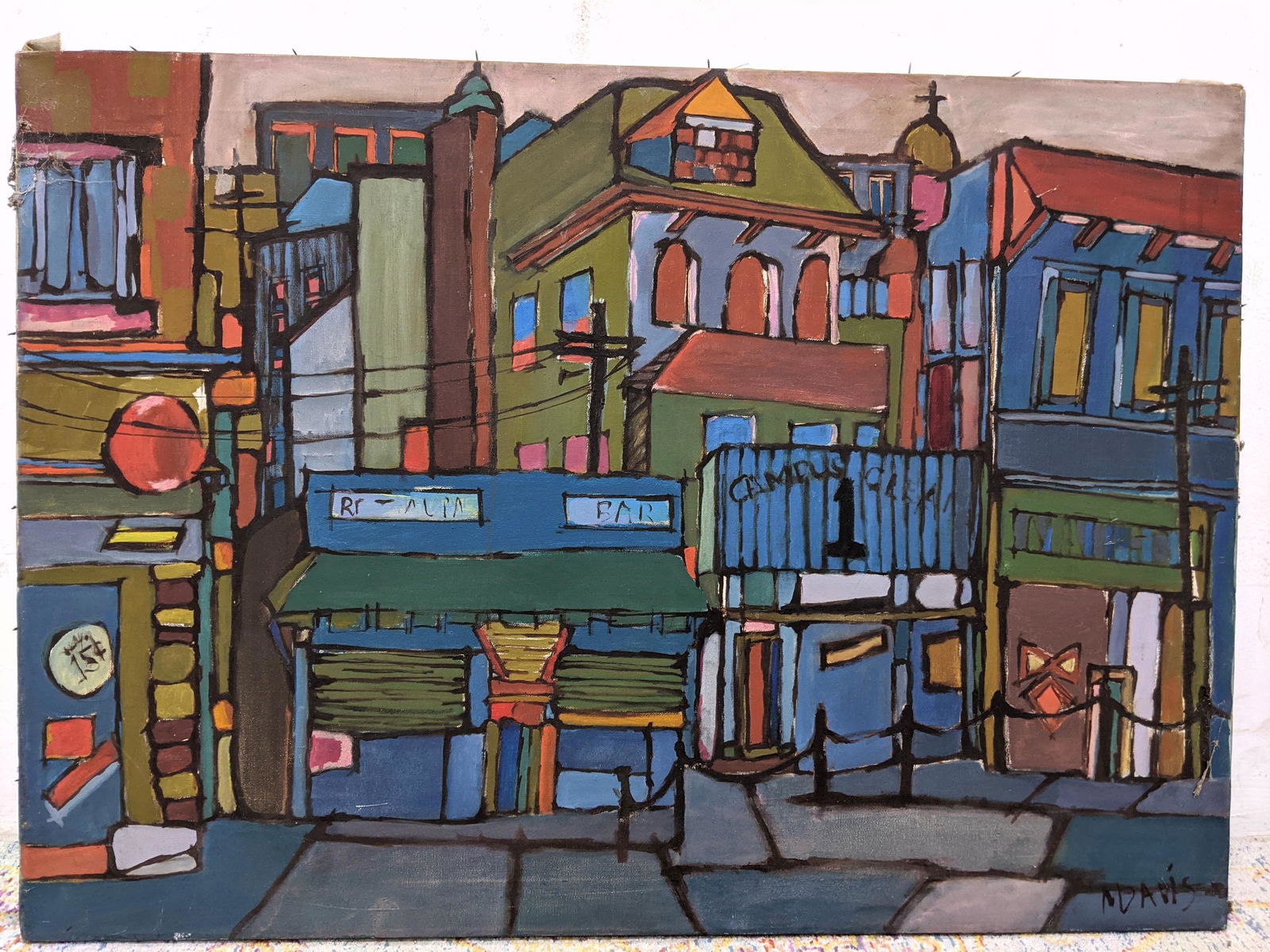 Signed M. DAVIS modernist cityscape painting. Colorful (1 of 9)