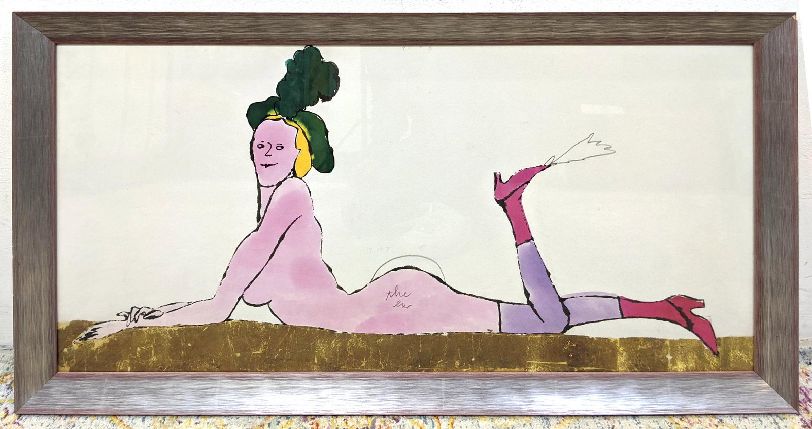 Print of nude woman reclining. Titled "The End".: Print of nude woman reclining. Titled "The End". -- Dimensions: Image Size: H: 16.5 inches: W: 32 inches: D: 1.5 inches -- FRAME SIZE: Frame Height 20 inches - Frame Width 35 inches ---