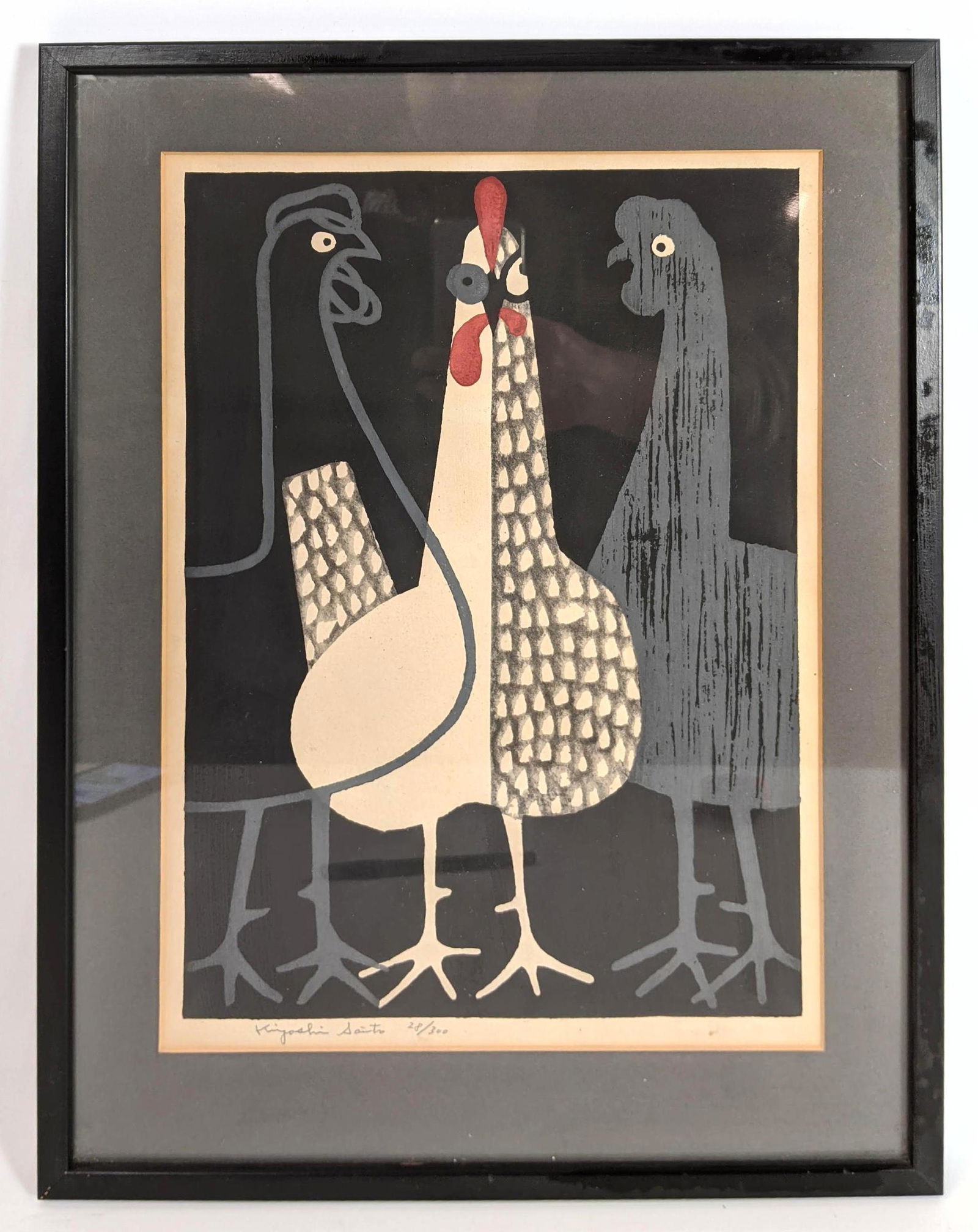 Kiyoshi saito  Wood Block Print of three roosters. Nice (1 of 9)