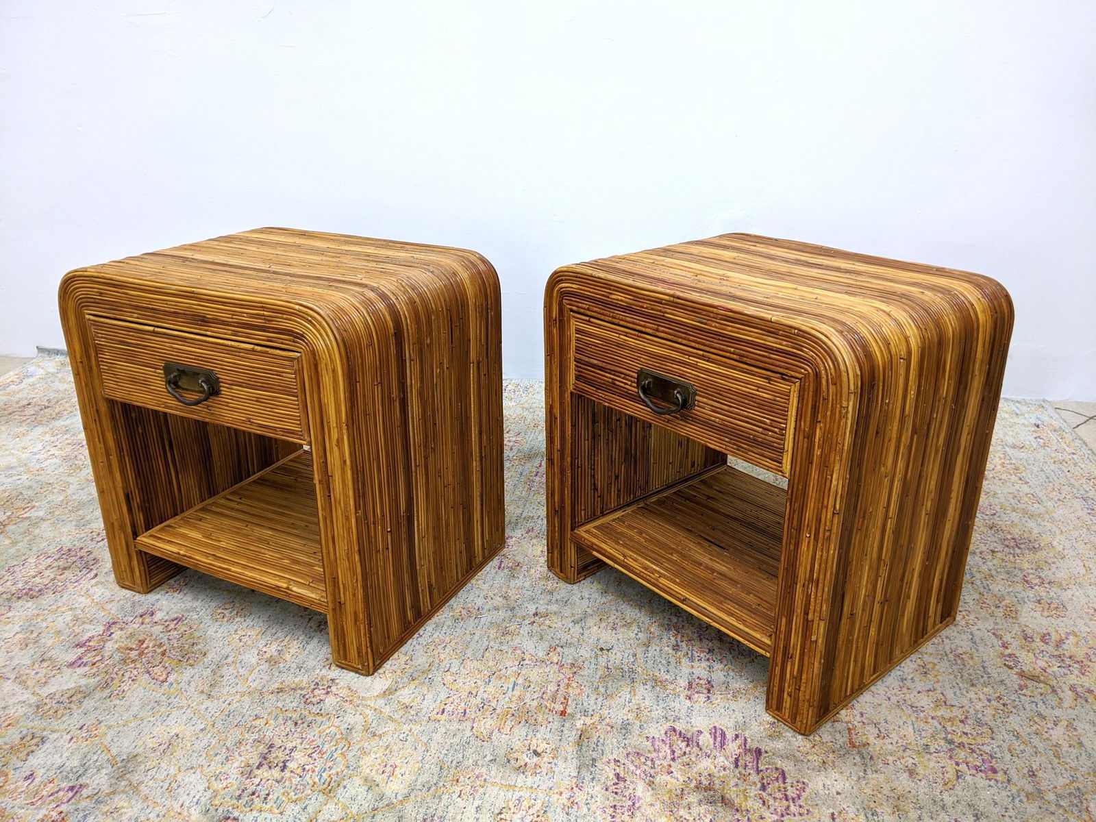 Pr Rattan Wrapped Side Tables Night Stands. Brass Metal (1 of 14)