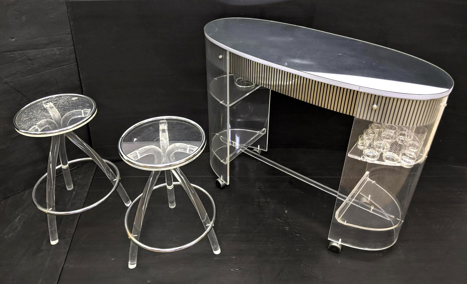 70s Modern Lucite Acrylic Bar with Stools and Glassware (1 of 20)