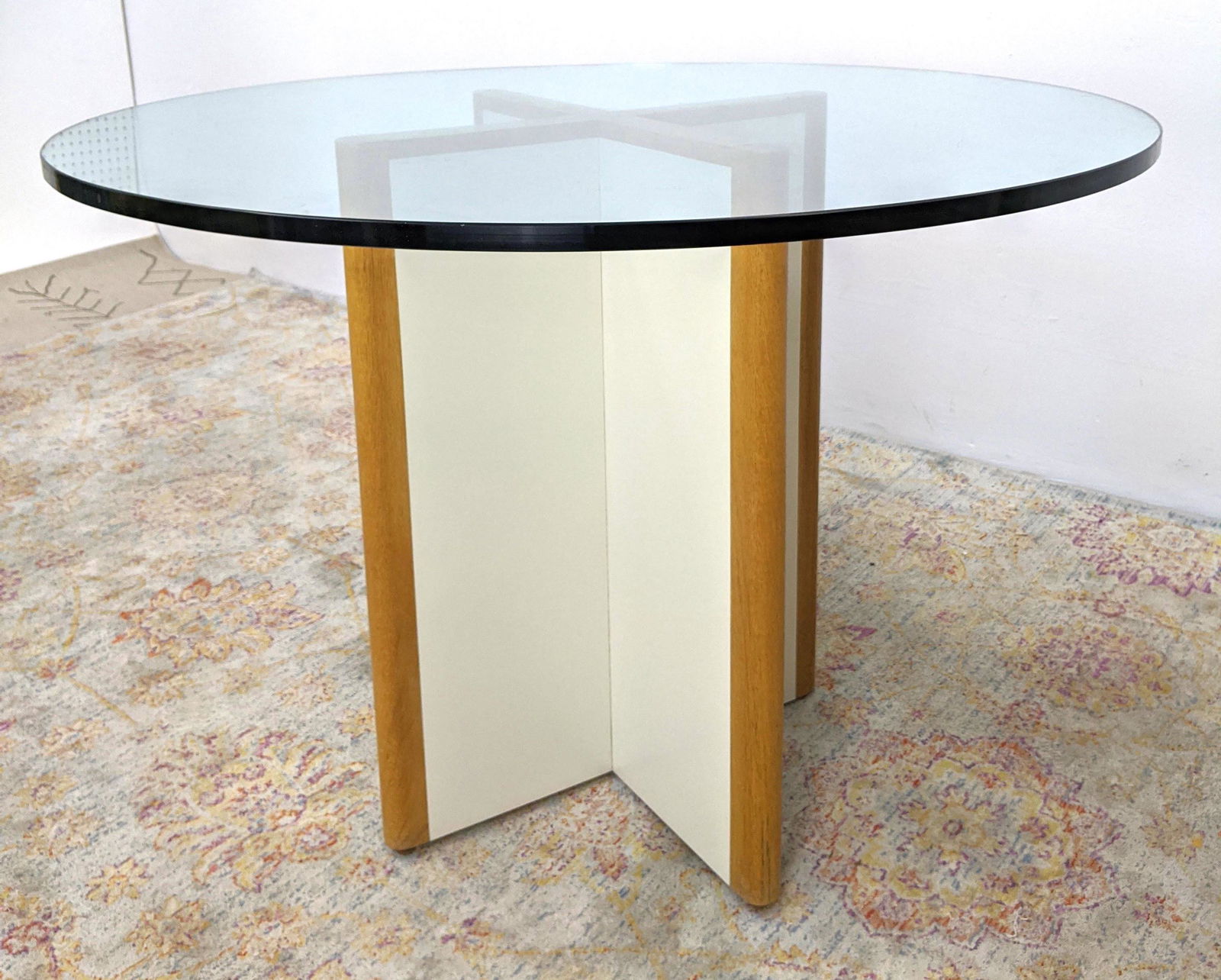 80s Modern Glass Top Dining Table. X base with oak edge (1 of 6)