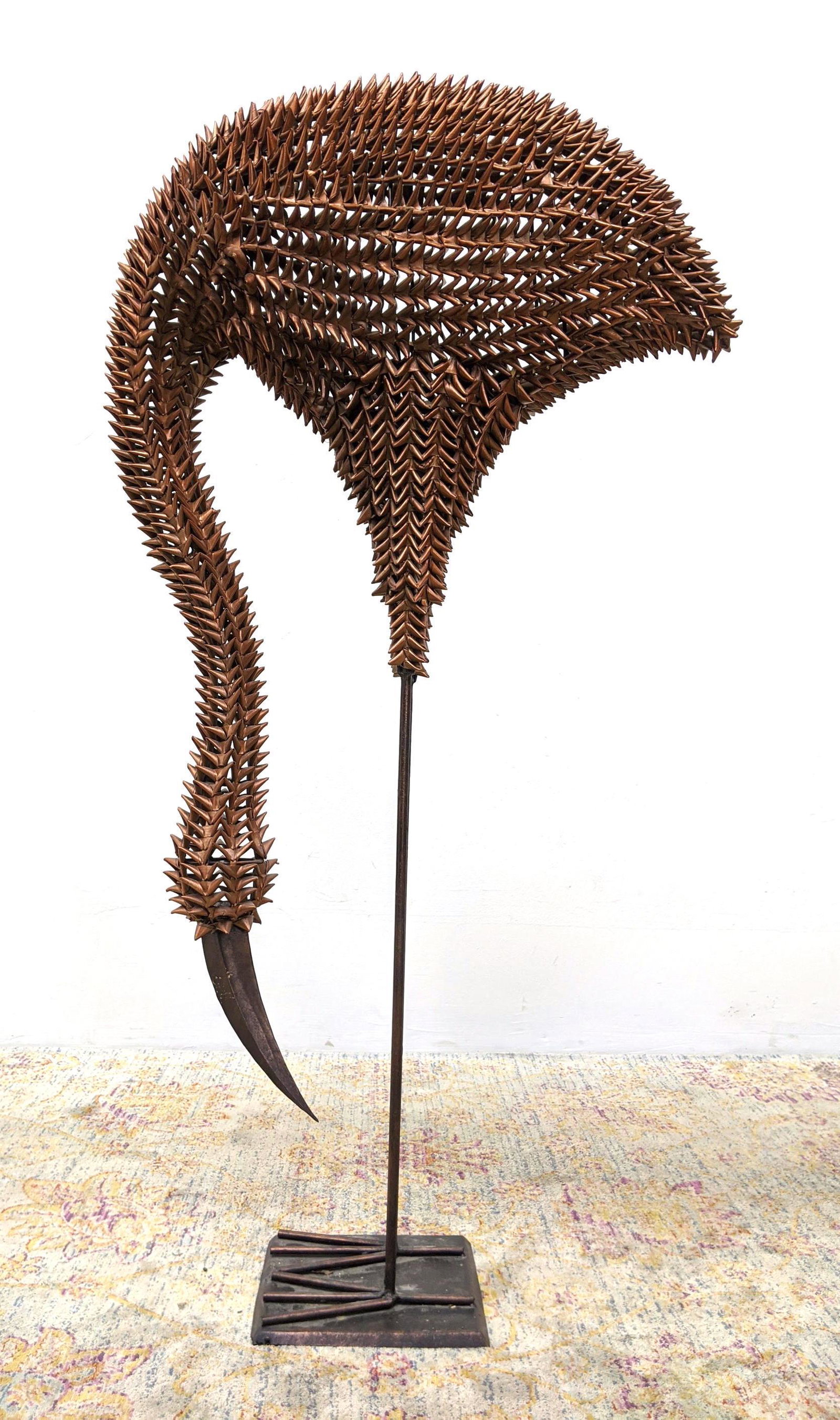 Tall Flamingo Floor Sculpture. Spray painted natural re: Tall Flamingo Floor Sculpture. Spray painted natural reed or something similar -- Dimensions: H: 48.5 inches: W: 13 inches: D: 24.5 inches ---
