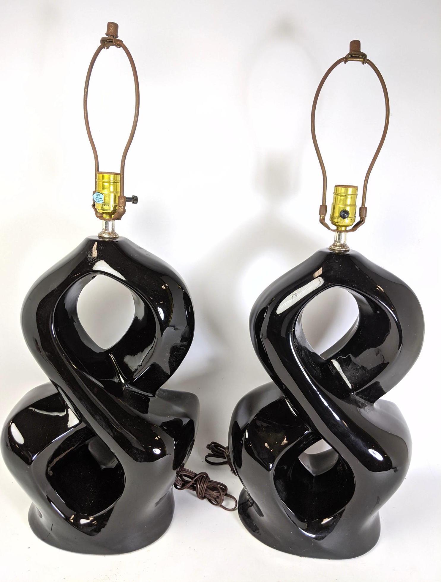 Pair 50s Modern Table Lamps.  Black glazed pottery. (1 of 10)