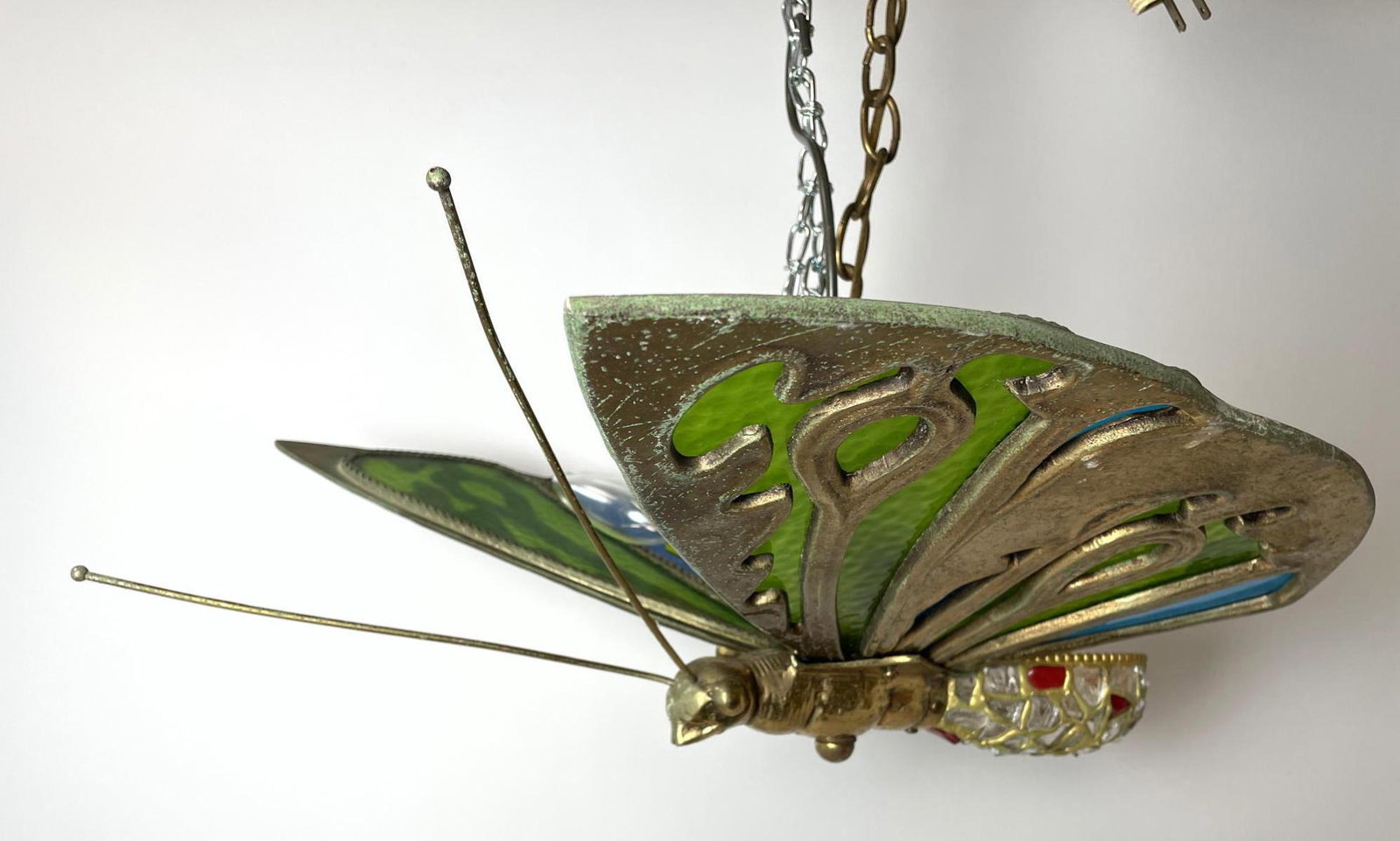 Hanging Butterfly Brass and Glass Chandelier. Pendant L: Hanging Butterfly Brass and Glass Chandelier. Pendant Lamp. -- Dimensions: H: 7 inches: W: 18 inches: D: 19 inches ---