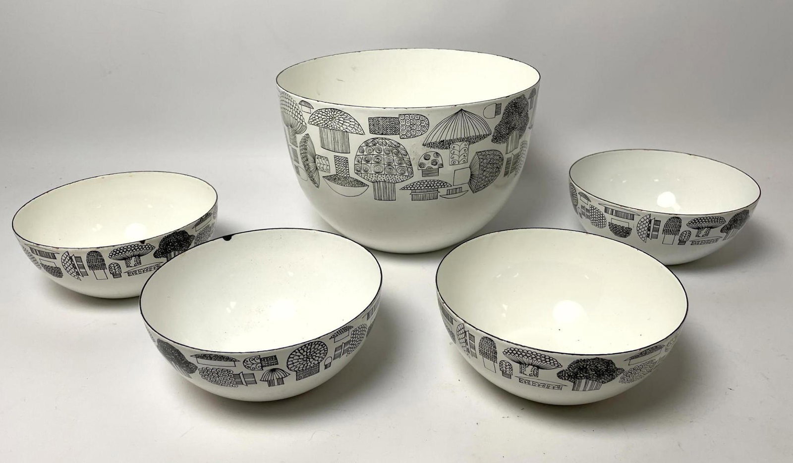 FINEL Kaj Franck Enamel Bowl Set Decorated with Mushroo: FINEL Kaj Franck Enamel Bowl Set Decorated with Mushrooms. -- Dimensions: H: 5.5 inches: W: 8.5 inches: D: 8.5 inches ---