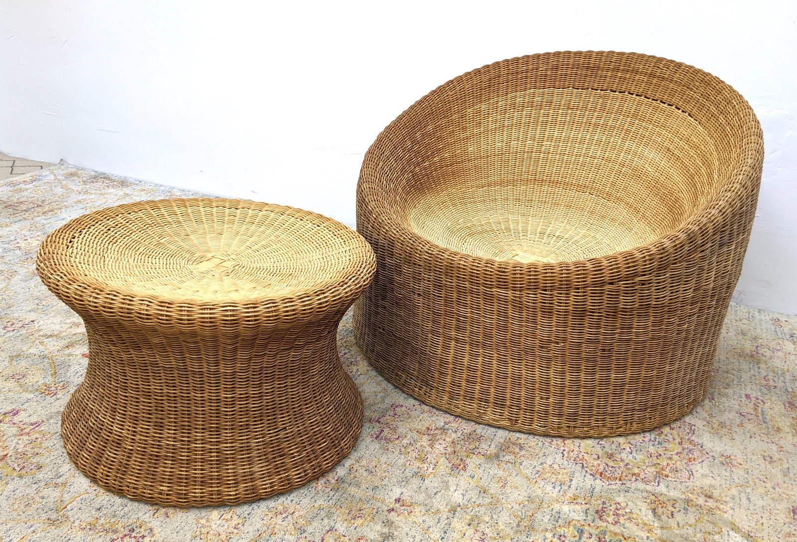 EERO AARNIO Finland Wicker Chair and Ottoman. Labelled. (1 of 14)