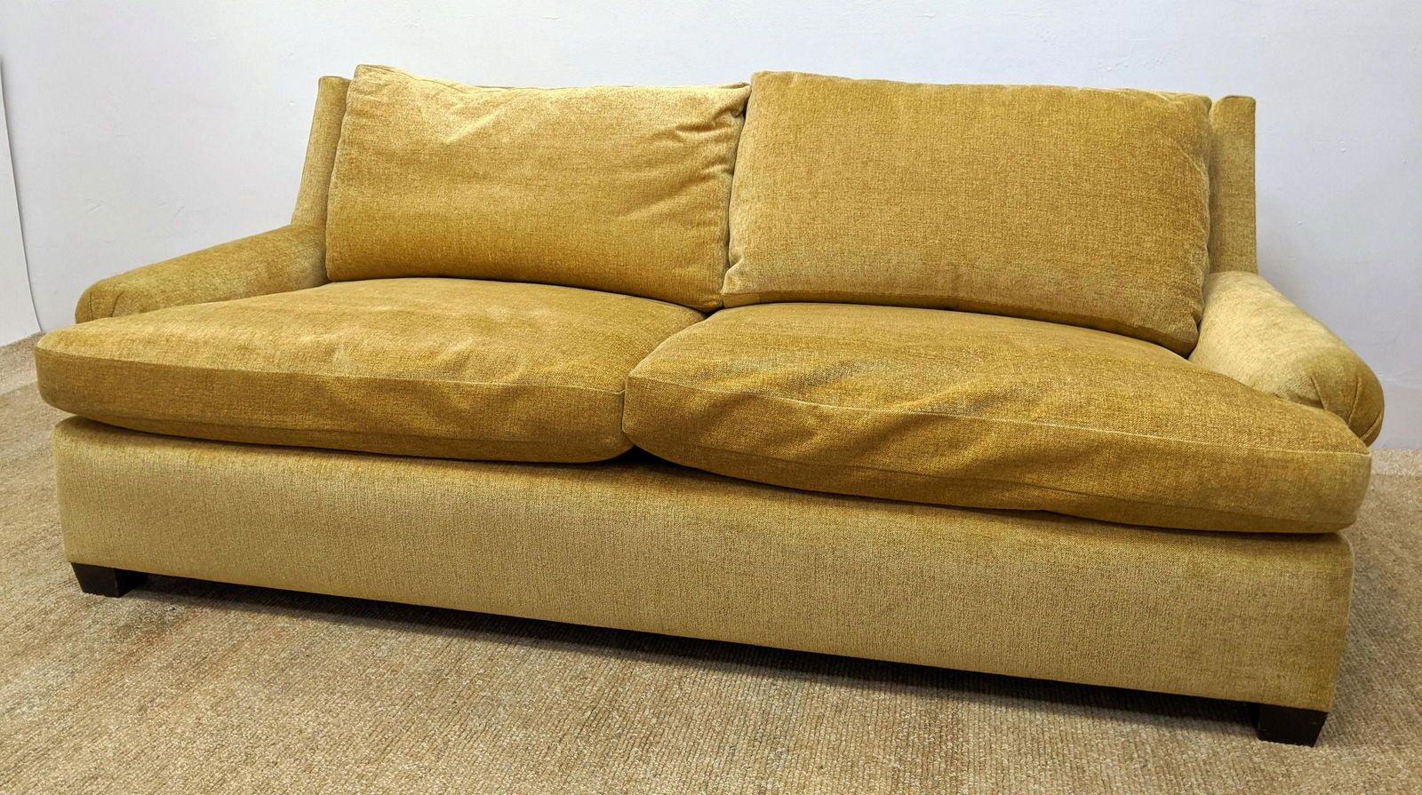 Gold chenille upholstered sofa couch. Rolled arms. Squa (1 of 14)