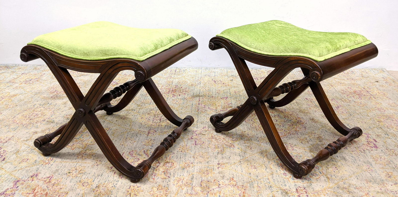 Pr Wood Frame Upholstered Seat Stools Benches. X Sides (1 of 9)