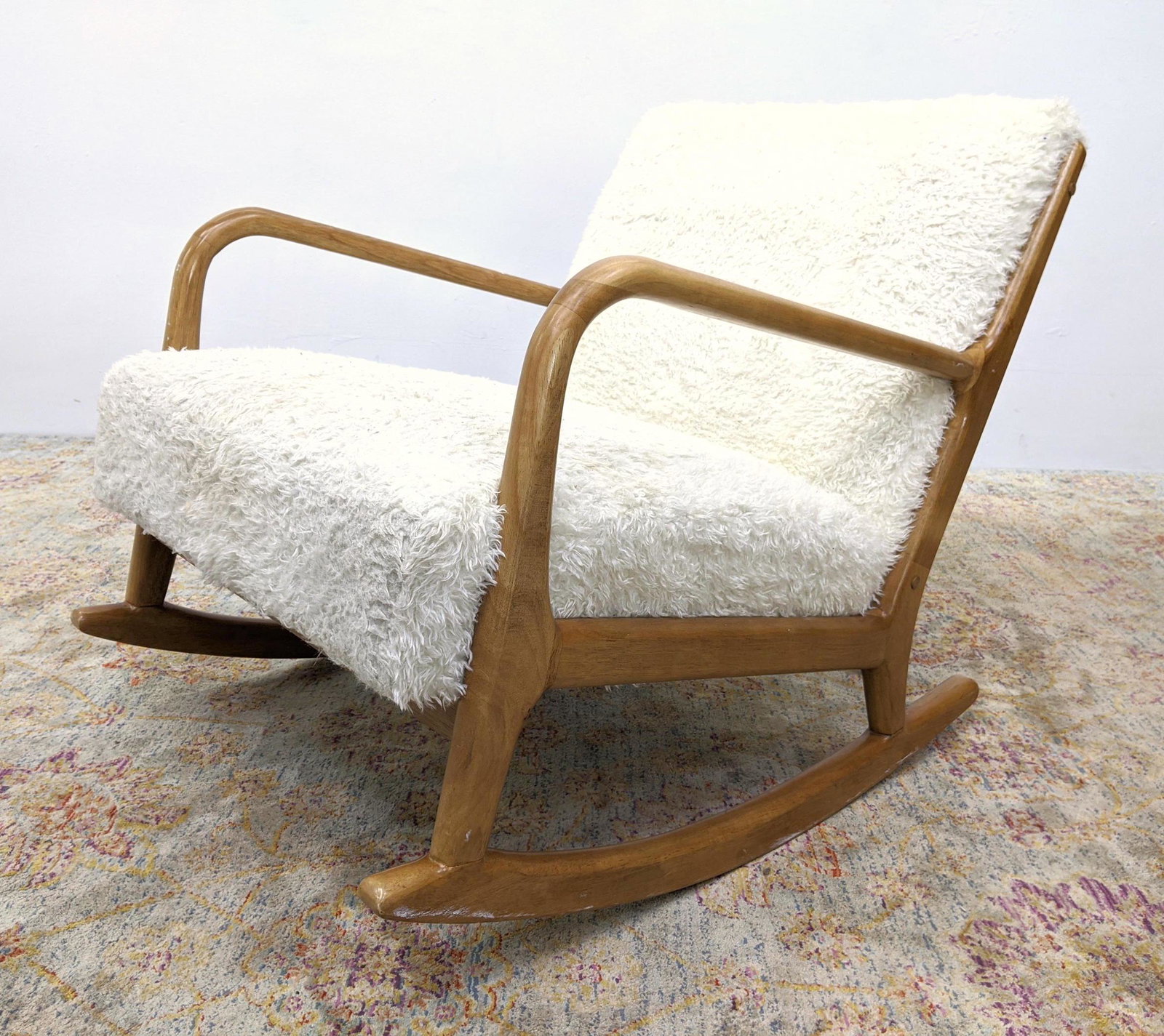 Blond Wood Open Arm Modernist Rocker Rocking Chair. Plu: Blond Wood Open Arm Modernist Rocker Rocking Chair. Plush pile upholstery.-- Dimensions: H: 28.5 inches: W: 26 inches: D: 32.5 inches ---
